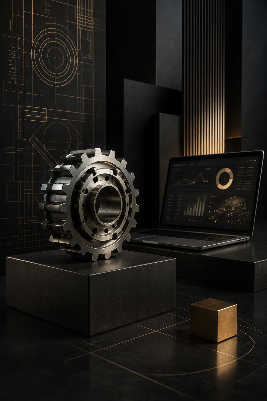 Engenharia, gestão e inteligência de dados representadas por componente mecânico e dashboard